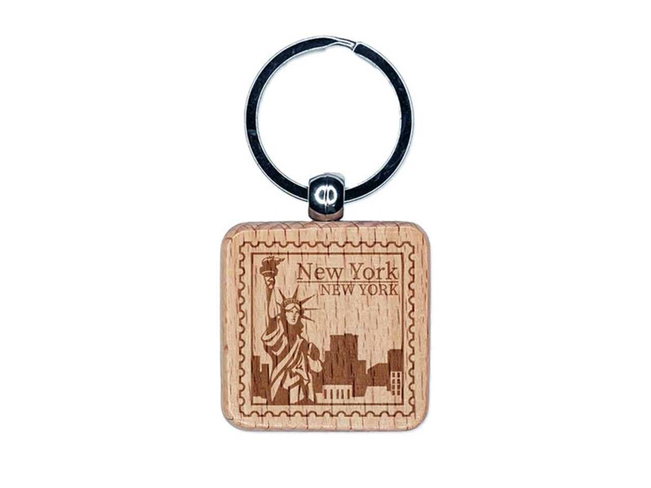New York Destination Travel Engraved Wood Square Keychain Tag Charm